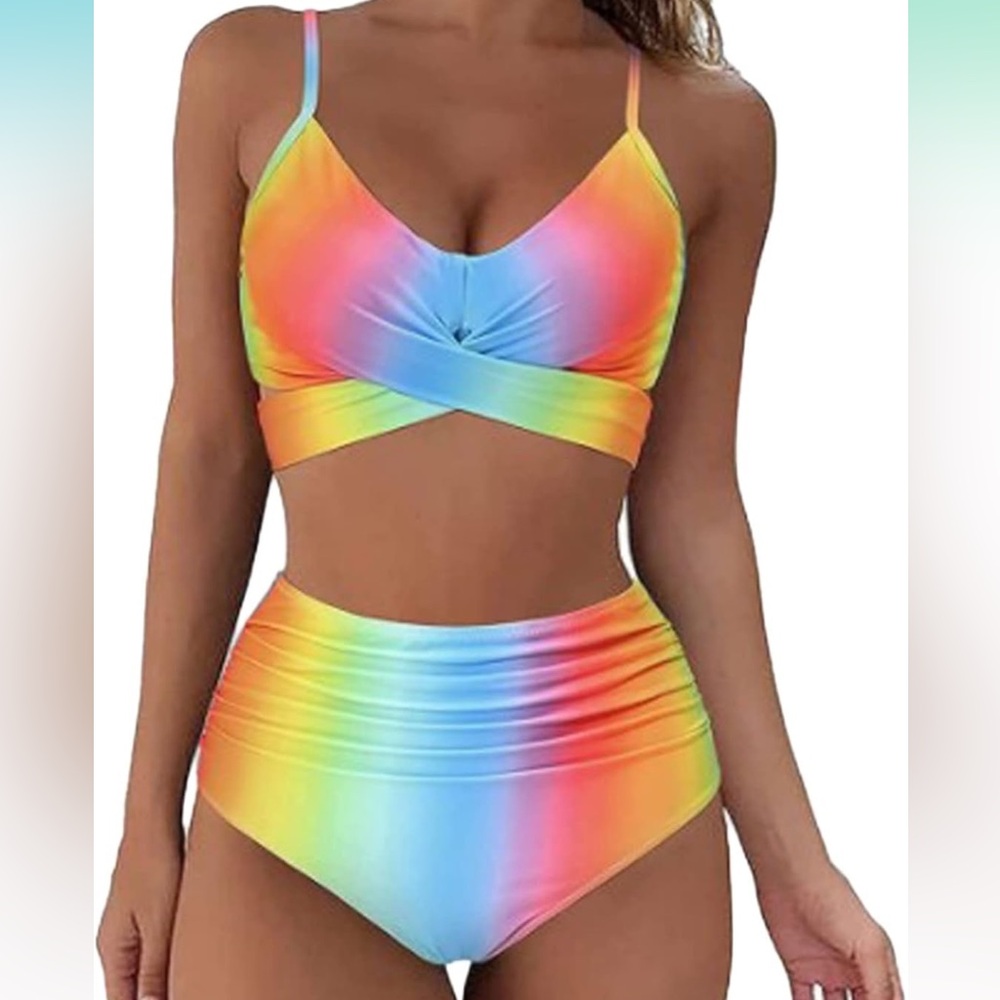 Two Pieces Swimsuit Full Coverage High Waisted Bottom Padded Multicolor X-Large